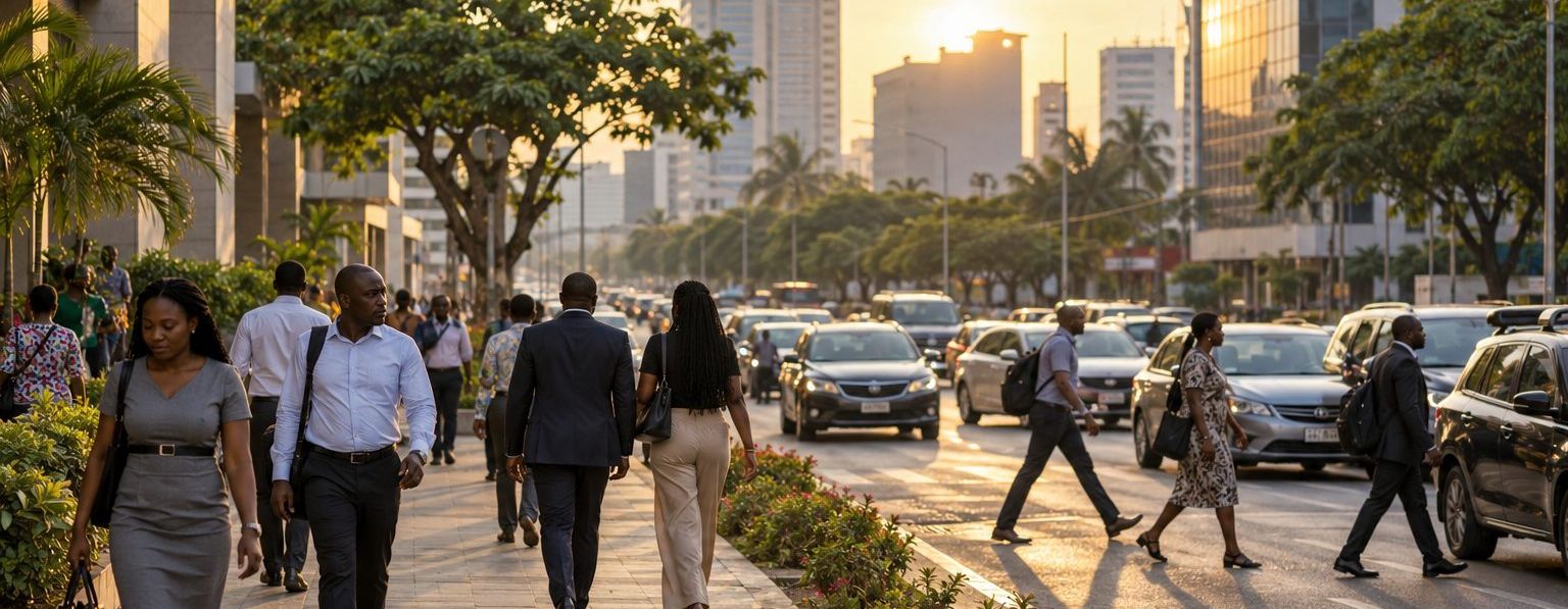Office workers walking along a tree-lined city street at sunset