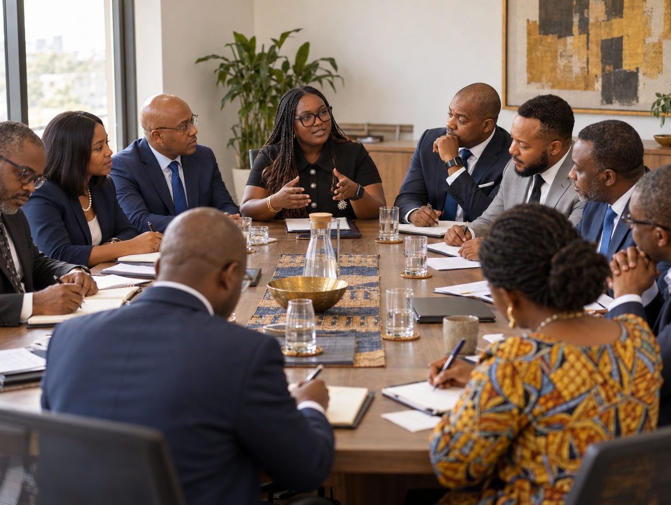 A roundtable discussion: about ten people around a long meeting table, one woman speaking while the others listen and take notes