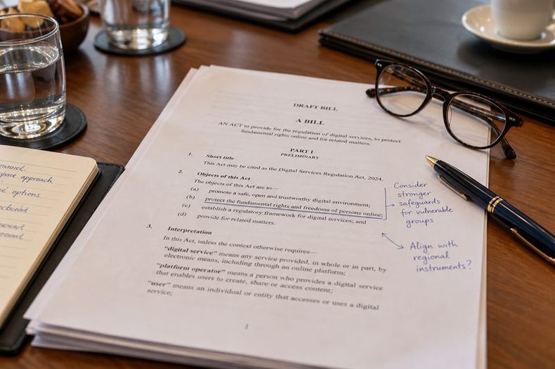 A printed draft bill with handwritten notes in the margin, on a meeting table beside a pen and reading glasses