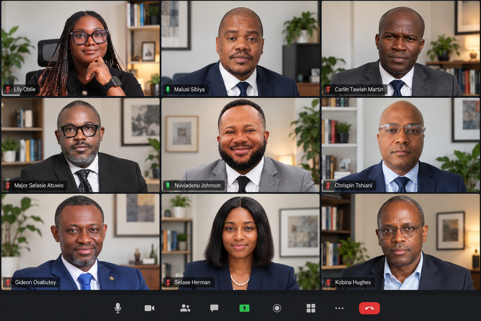 Screenshot of an online meeting of the ACTPOL team: Lily Oblie, Malusi Sibiya, Carlin Tawiah Martins, Major Selasie Atuwo, Johnson Nuviadenu, Chrispin Tshiani, Gideon Osabutey, Selase Herman-Condobrey and Kobina Hughes.