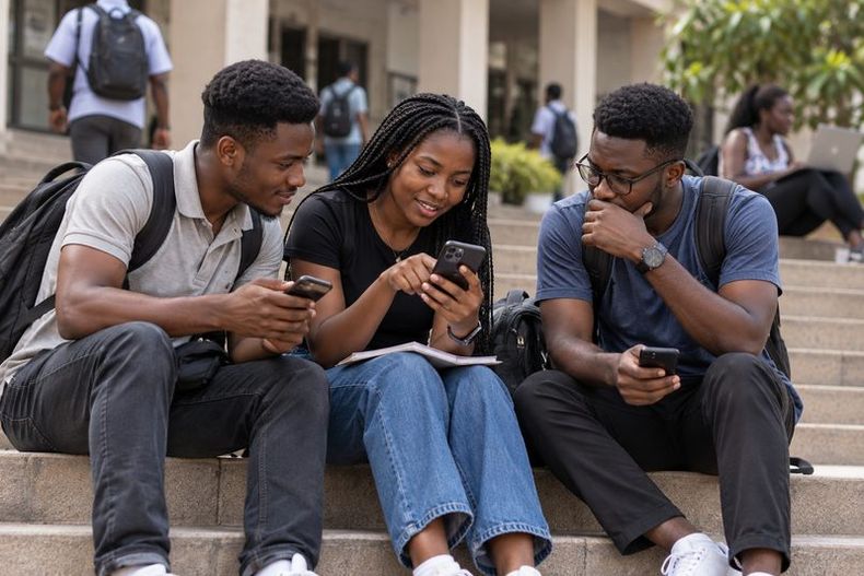 Three students sitting on campus steps look at a phone together